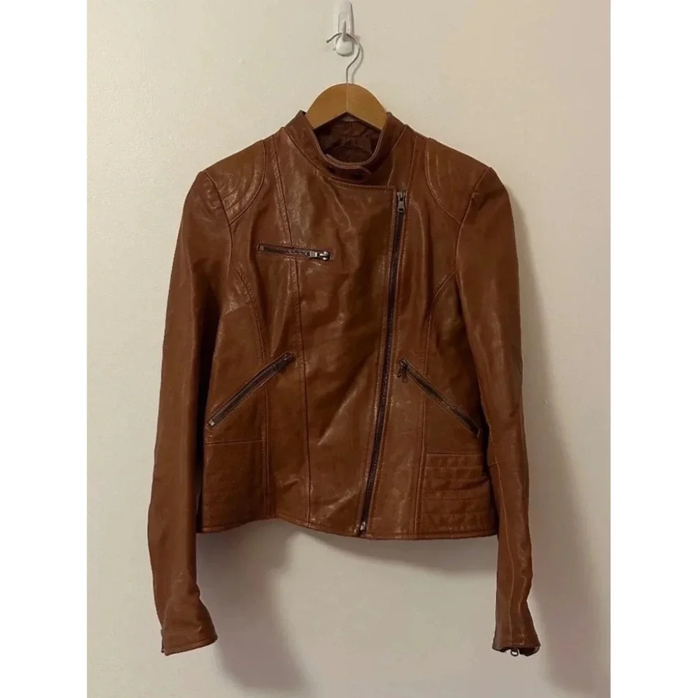 iJacketto Italy Cognac Brown Genuine Leather Moto Biker Jacket | Size 46